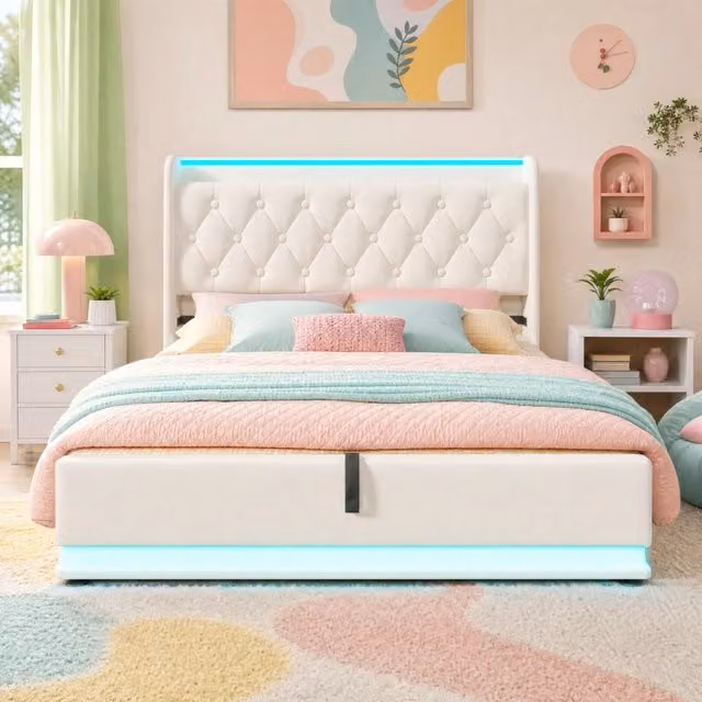 Letto contenitore REDOM in ecopelle bianca con illuminazione LED, porte USB e Tipo-C, L/P/H: 140 x 200 x 104 cm