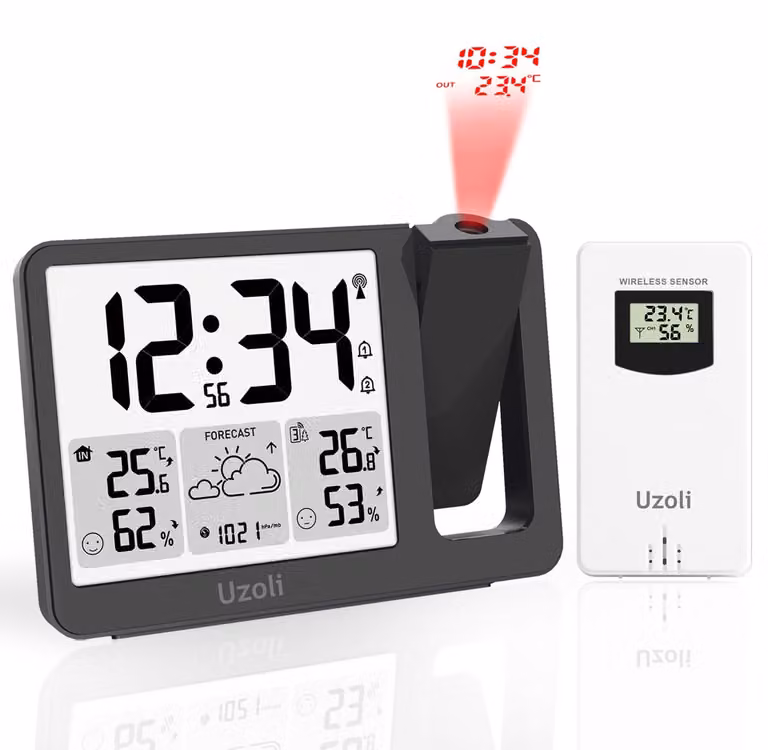 Sveglia proiettore con stazione meteorologica, orologio radio, sensore esterno, colore nero