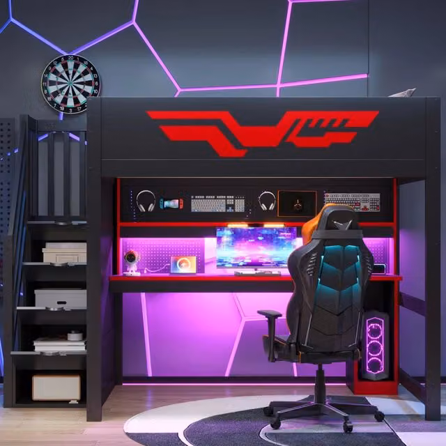 Letto a soppalco gaming 140 x 200 cm con scrivania integrata; LED e USB; MDF e compensato nero e rosso