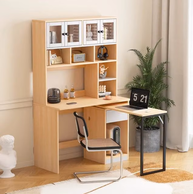 Scrivania con mobile contenitore e piano girevole; MDF; bianco e naturale