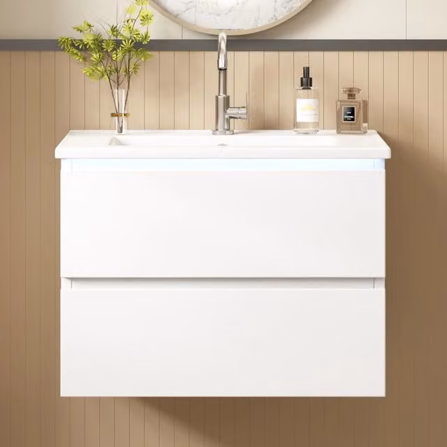 Mobile sottolavabo sospeso con lavabo in ceramica LED con sensore e 2 cassetti in MDF laccato bianco 61 × 46 × 45 cm
