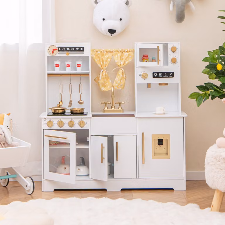 Cucina da gioco in legno Costway per bambini dai 3 anni con accessori, macchina da caffè, lavello e fornelli, Bianco, L 90 cm x P 30 cm x H 90 cm