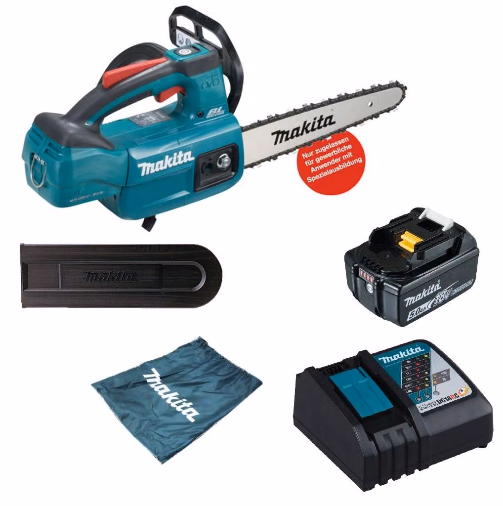 Sega a catena a batteria Makita DUC254CZ, 18V, con batteria 5,0 Ah BL1850B e caricabatterie DC18RC