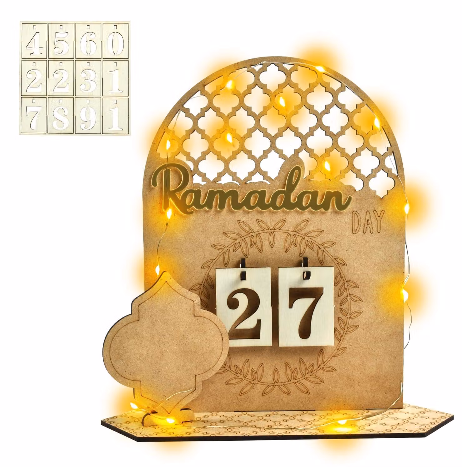 Calendario dell'Avvento a tema Ramadan in legno, con luci LED, per bambini
