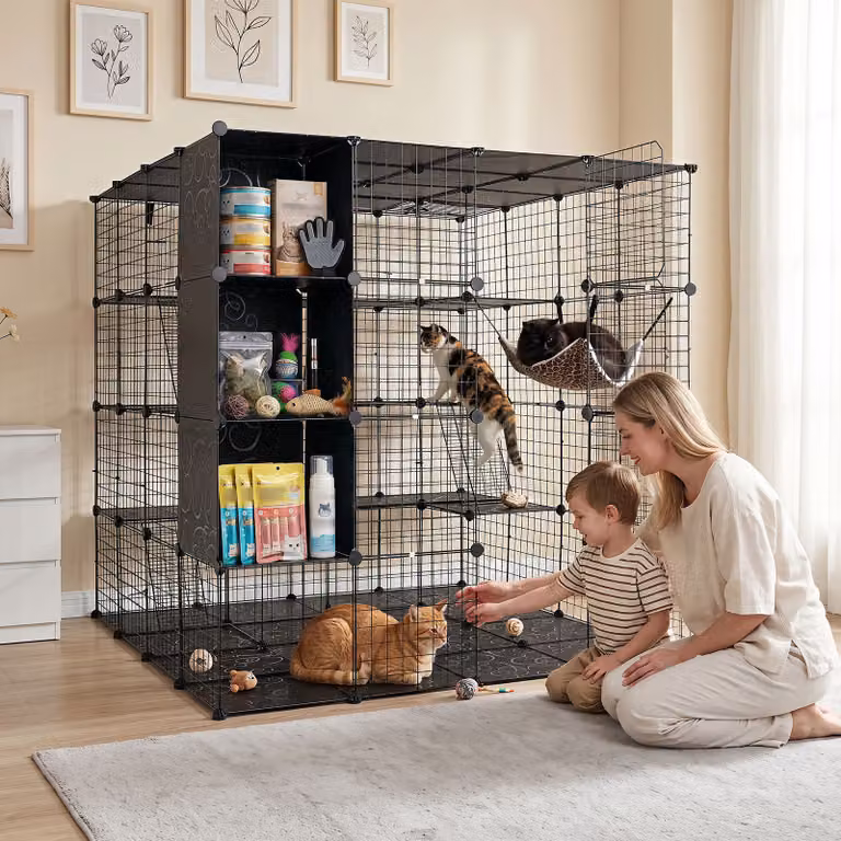 Costway Gabbia Modulare per Gatti e Animali Domestici con Piattaforme, 3 Scalette e Contenitore, Colore Nero
