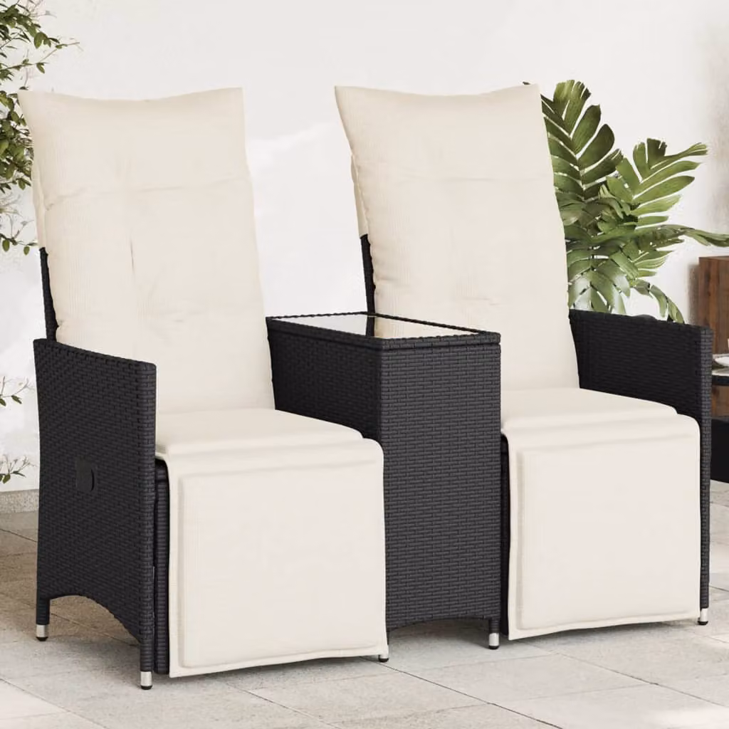 vidaXL Divano da Giardino Reclinabile a 2 Posti con Tavolino in Polyrattan e Cuscini Imbottiti, Colore Nero e Bianco
