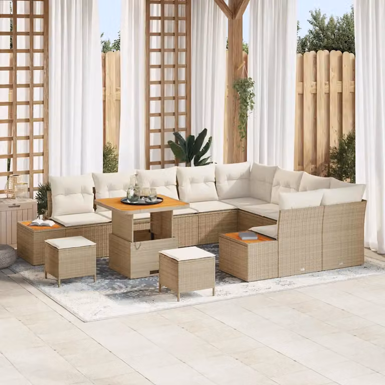 Set Divano da Giardino vidaXL 12 Pezzi Beige con Cuscini e Tavolino in Rattan e Legno di Acacia