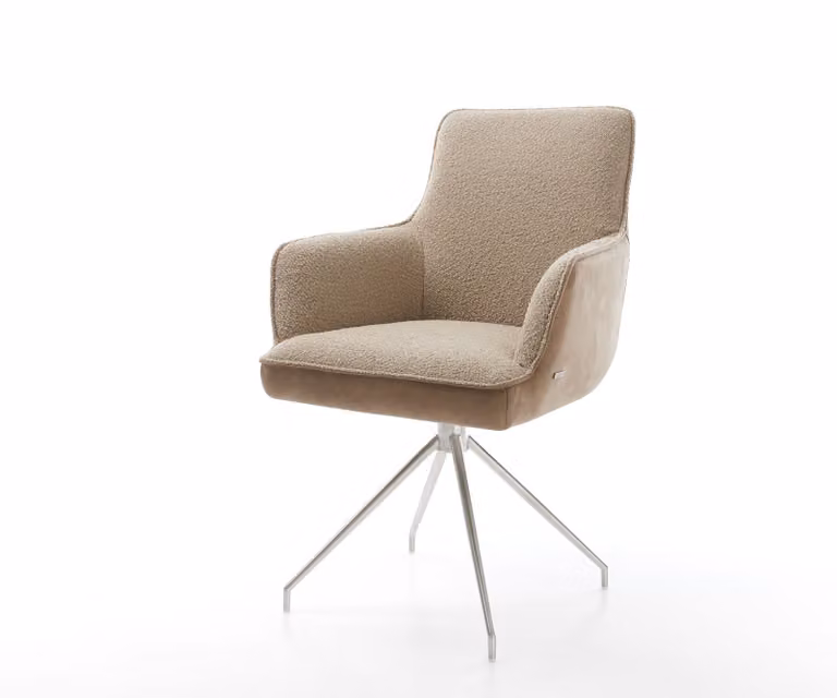 Sedia girevole DELIFE Heira-Flex con braccioli, mix di materiali, base a croce conica color fango, acciaio inossidabile, rotazione a 180°, molle insacchettate
