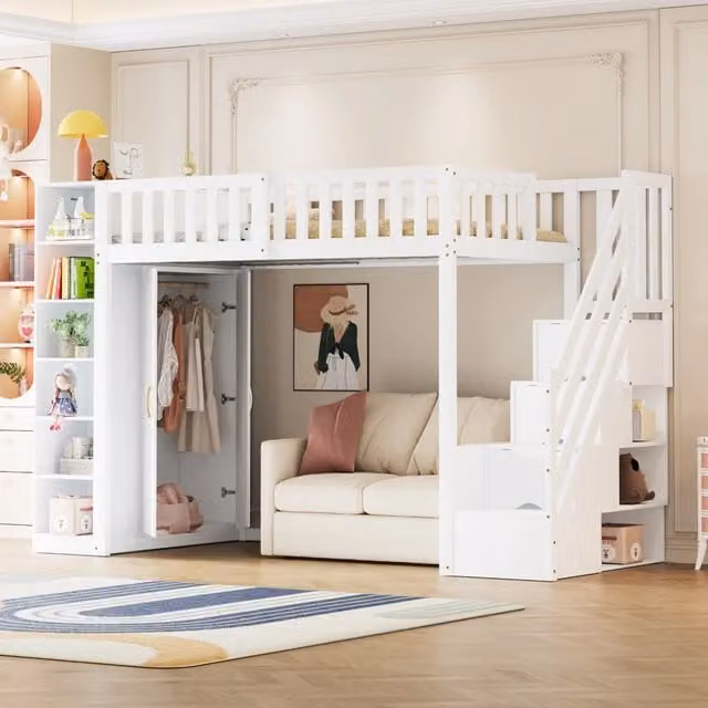 Letto a soppalco per bambini 90 × 200 cm con armadio, ripiani e scala con cassetti, senza materasso, bianco