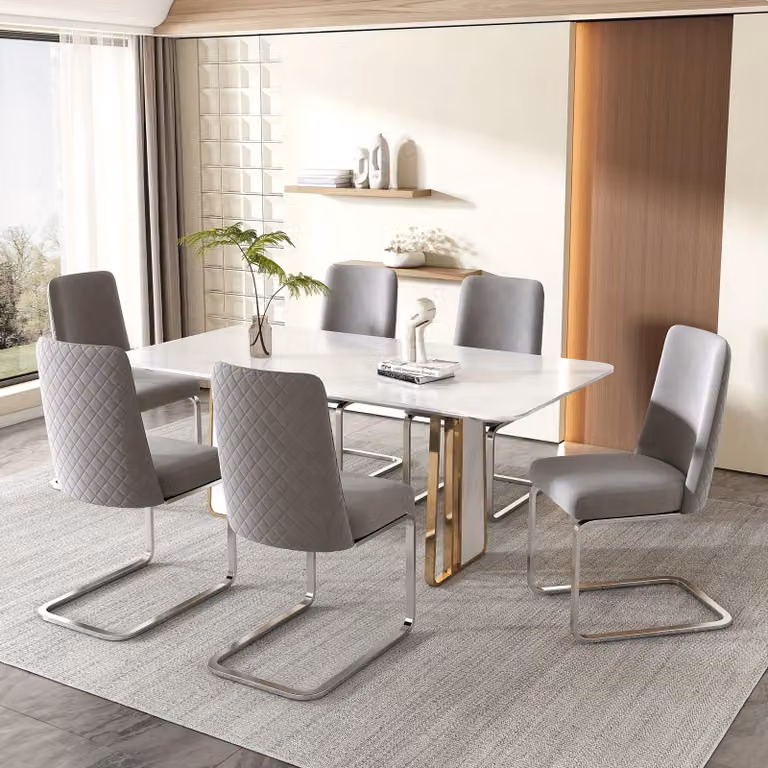 Set di sei eleganti sedie da pranzo con motivo a quadri e gambe in metallo