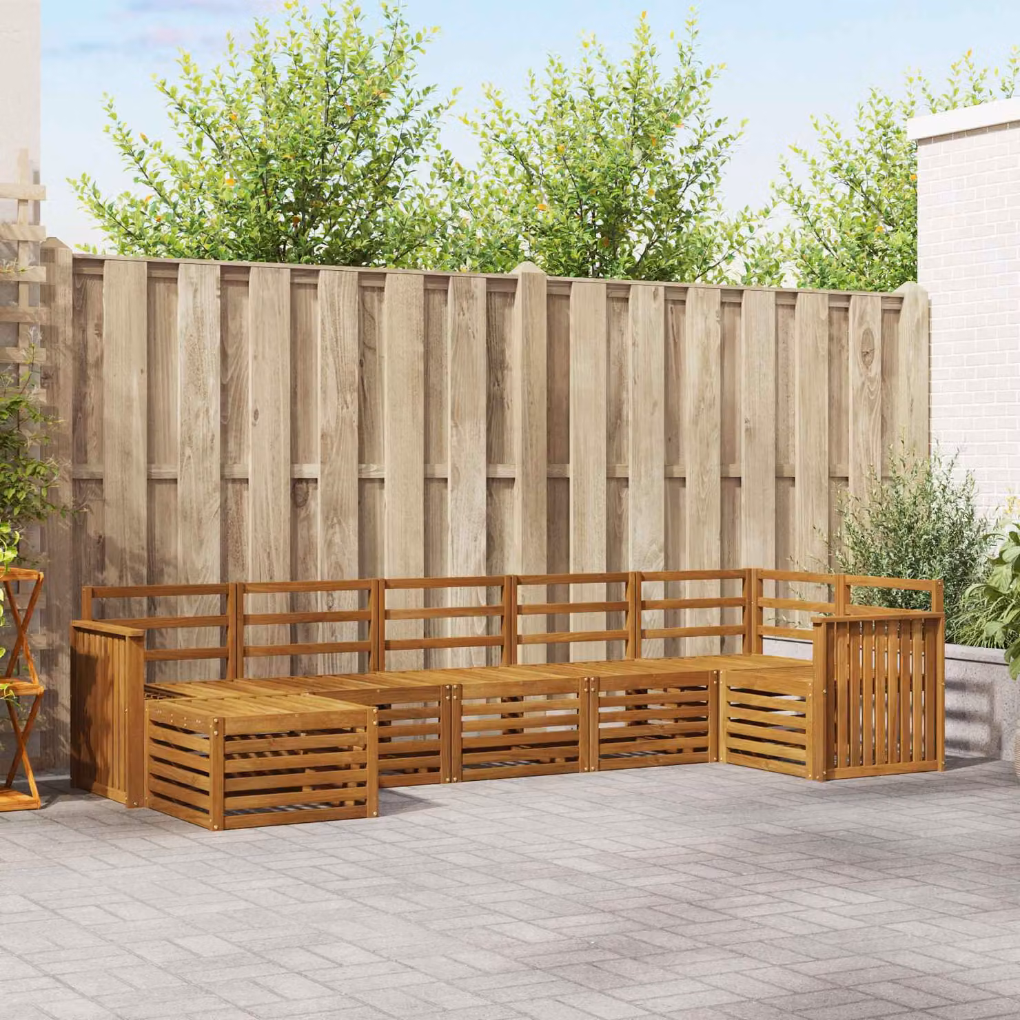 Set di divani da esterno vidaXL 7 pz in legno di acacia marrone con cuscini e pouf a forma di L per giardino e terrazza