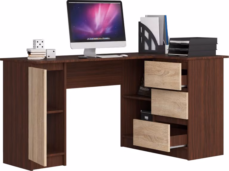 BDW, scrivania angolare destra, 3 cassetti, 4 ripiani, rovere Venga / Sonoma