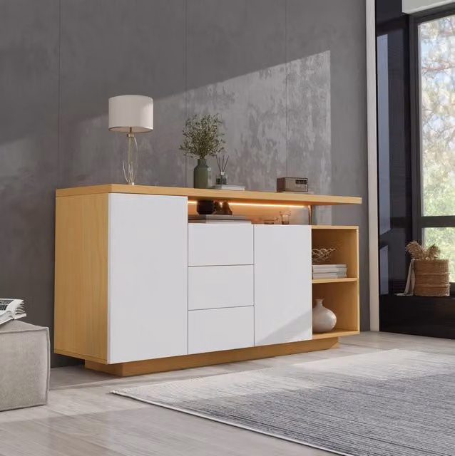 Credenza moderna bianca e beige con illuminazione integrata per soggiorno e sala da pranzo L: 140 cm