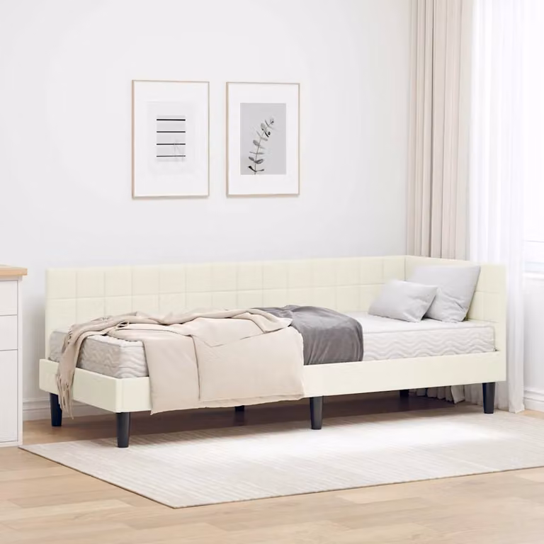 vidaXL Letto Angolare Moderno con 2 Materassi in Schiuma, Struttura Imbottita in Velluto Beige e Legno, L/P/H: 80 x 200 cm