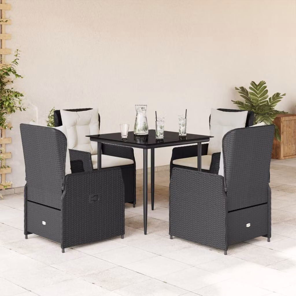 Set da Pranzo da Giardino vidaXL 5 pz in Polyrattan Nero con Piano in Vetro e Cuscini – 1