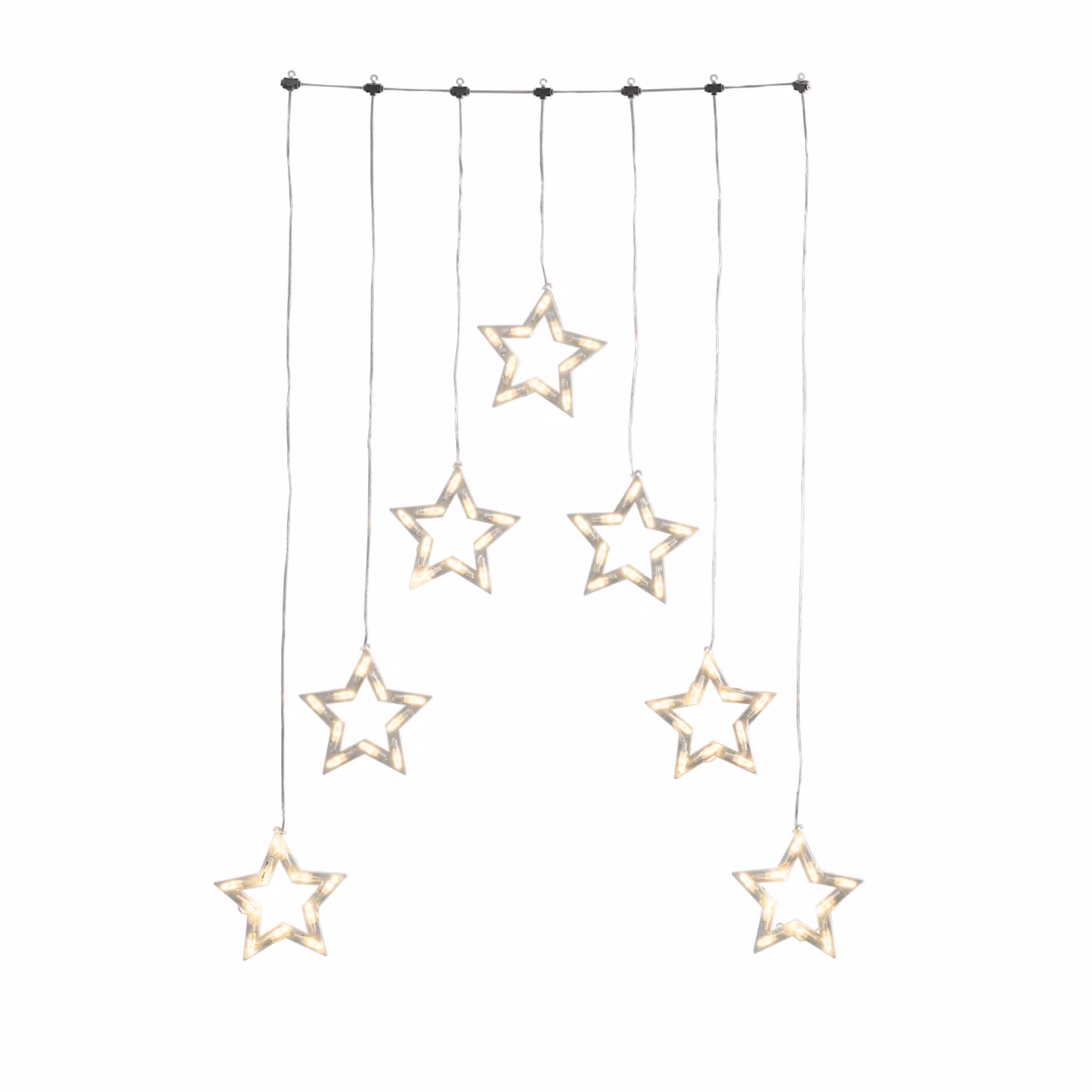 Konstsmide - Tenda luminosa a LED con 7 sagome di stelle, dimensioni stelle: L: 18 cm, H: 18, 5 cm, 70 diodi bianchi caldi, trasformatore per esterni da 24 V, cavo trasparente ; 4043-103