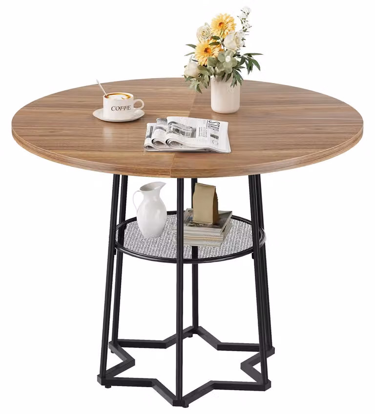 Tavolo rotondo da pranzo, altezza 98 cm - Tavolo alto per cucina o sala da pranzo - Struttura in metallo con ripiano a rete - Ripiano inferiore a 42,5 cm - Design salvaspazio, ideale per cucine oda pranzo di piccole dimensioni - Colore: marrone