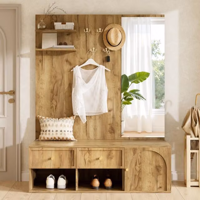 Set da ingresso con appendiabiti specchio panca scarpe ¨C Minimal ¨C Legno 120x35x159 cm
