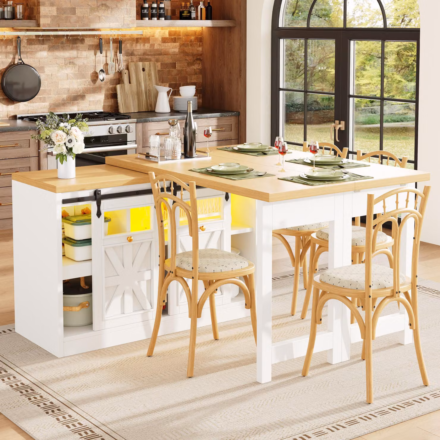 Tavolo da pranzo multifunzionale Flieks con combinazione di pensile laterale, sistema di illuminazione a colori intelligente con rotazione a 360°, tavolo da cucina, bancone, dimensioni 120-197x40x72 cm, bianco