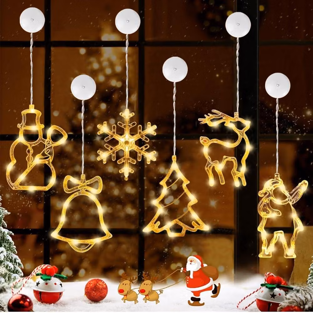 Set di 6 luci natalizie a LED con ventosa, luce bianco caldo