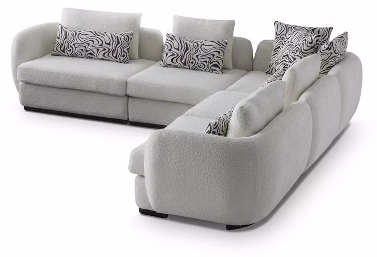 Divano angolare imbottito bianco, design esclusivo, realizzato con tessuto di alta qualità