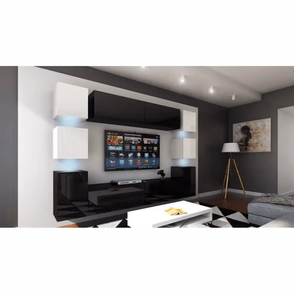 Set di mobili da soggiorno sospesi Meublorama collezione CEPTO XIV, 10 pezzi, nero e bianco con illuminazione LED integrata, L: 256 cm – 2