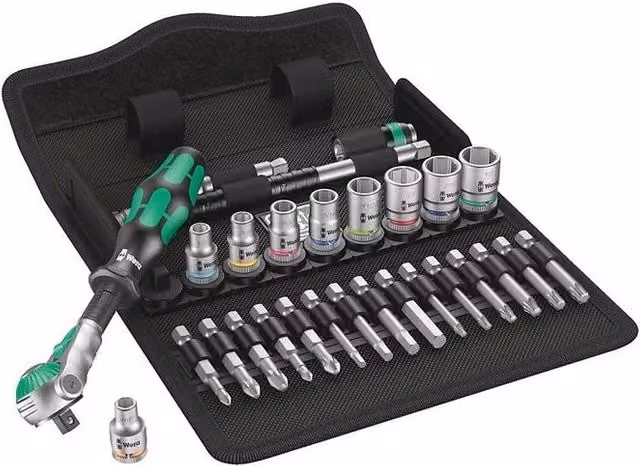 Set di chiavi a bussola con cricchetto Wera Zyklop Speed 1/4'' 28 pezzi con bussole pollici e inserti, Nero e Verde
