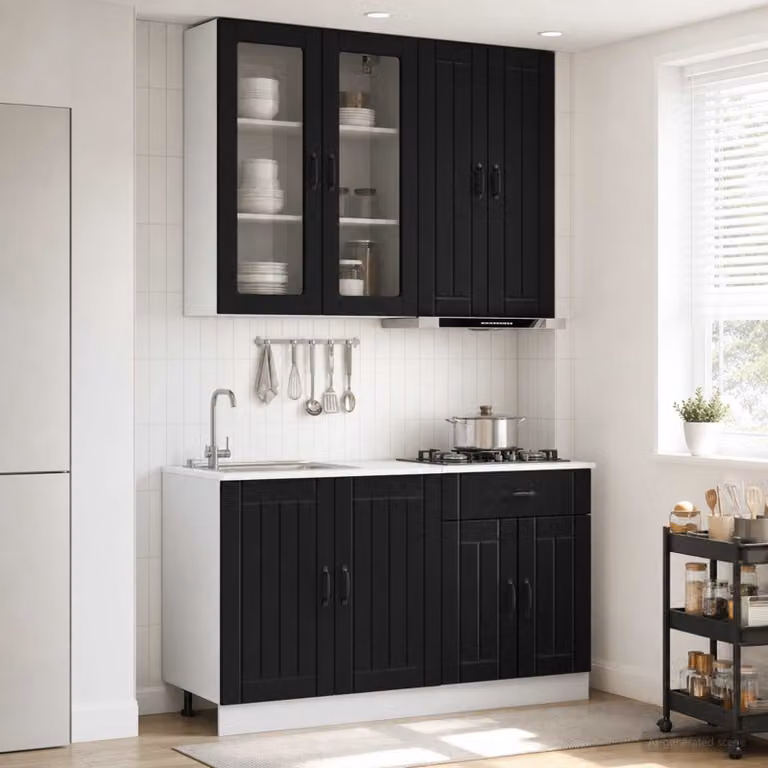 Set di 4 unità cucina moderne vidaXL LUCCA in nero con ante in vetro e ripiani aperti, L/P/H: 100 x 46 x 80 cm