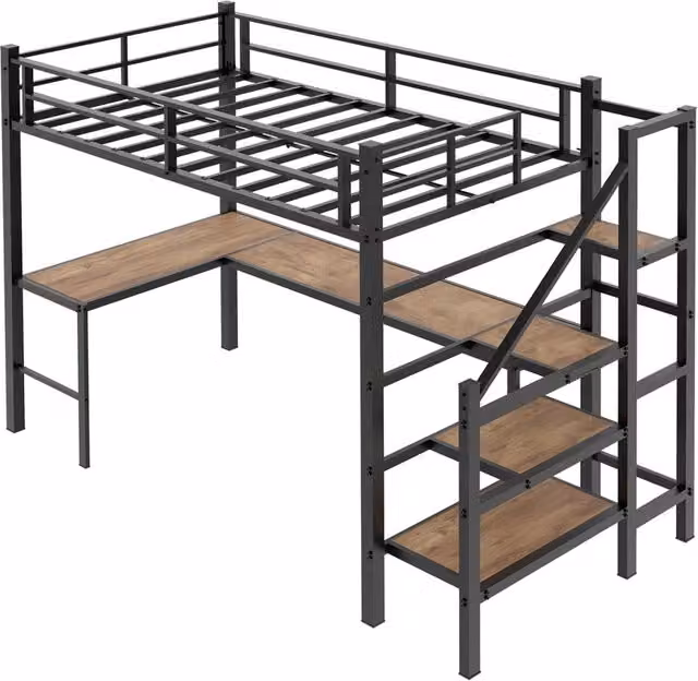 Letto a soppalco 90x190 cm con scrivania a L integrata e ampio spazio di archiviazione