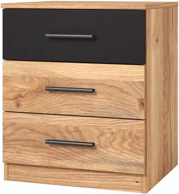 Comodino a tre cassetti Meublorama collezione EOS in legno color quercia chiara e nero