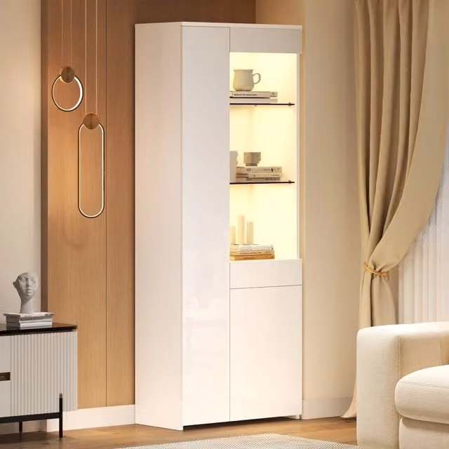 Vetrina LED con 2 ante a pressione, cassetto e ripiani in vetro per soggiorno, truciolare bianco, 70 × 35 × 180 cm