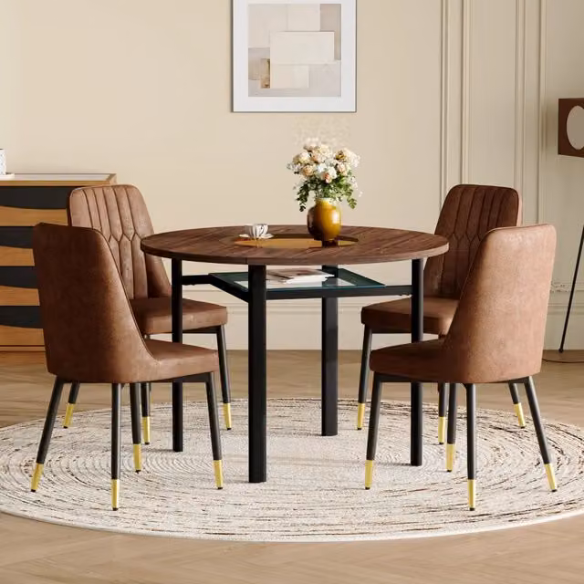 Set da pranzo rotondo 100 cm con piano in MDF e vetro; tessuto tecnico e metallo marrone e nero