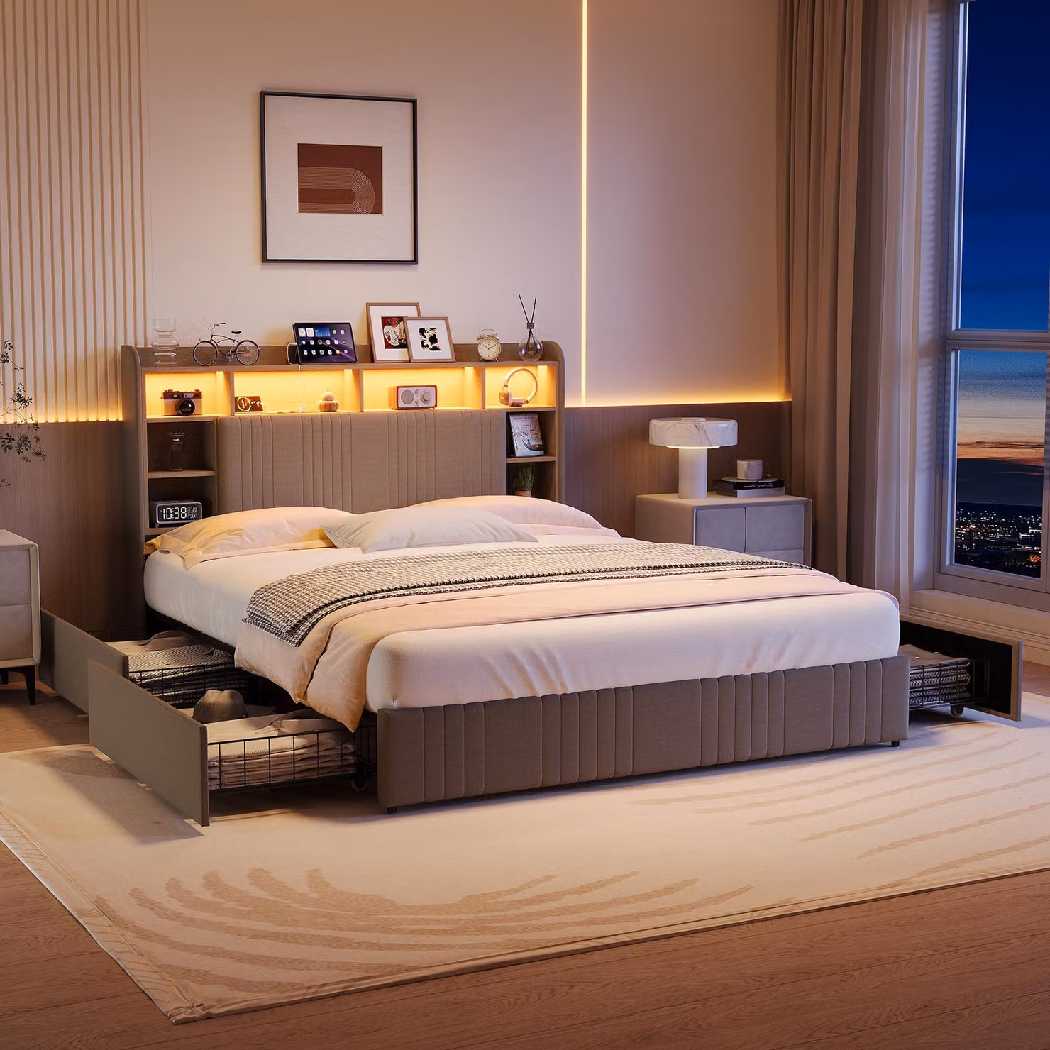 Letto imbottito 160x200 cm con 4 cassetti, testiera contenitore, illuminazione LED, rete a doghe, rivestito in lino color beige, letto a castello matrimoniale senza materasso