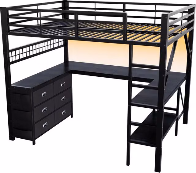 Letto a soppalco 140x200 cm con scrivania, cassetti, ripiani e illuminazione LED, struttura in metallo nero