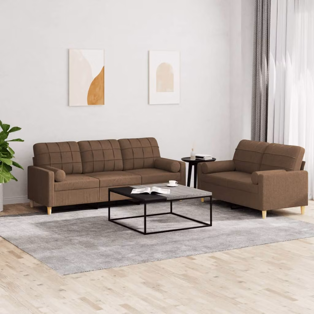 Set di Divani vidaXL composto da un divano a 2 posti e uno a 3 posti in tessuto marrone con cuscini per soggiorno in stile moderno – 1