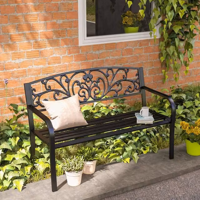 Panchina da giardino MODFU a 2 posti in metallo nero con braccioli L: 127 cm, P: 60 cm, H: 87 cm
