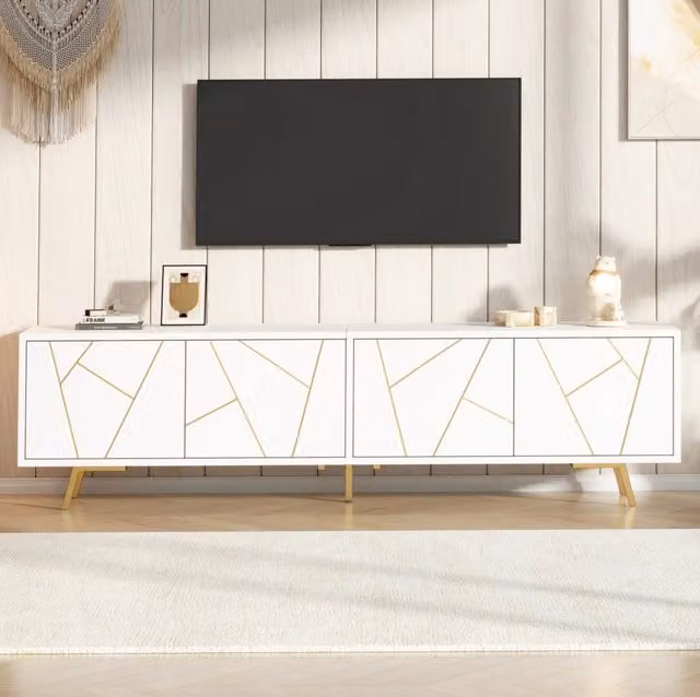 Mobile TV 190 x 40 x 51;5 cm con 4 ante; 5 gambe in metallo; bianco oro