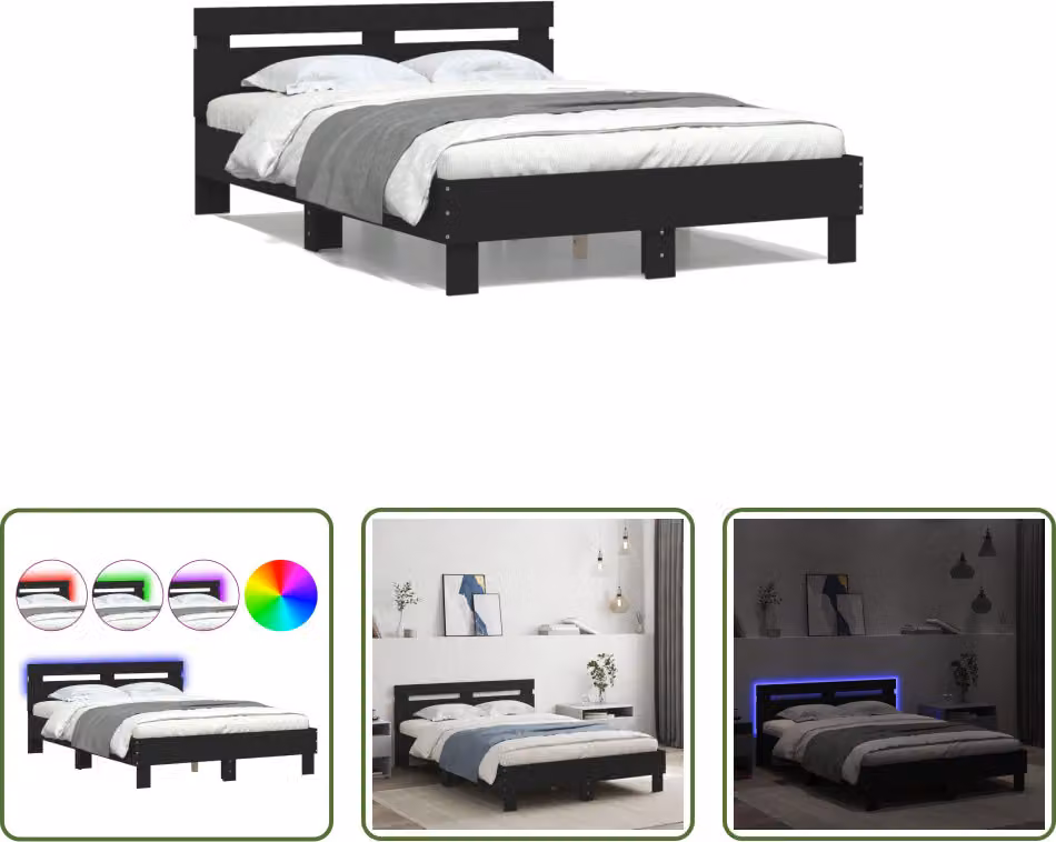 The Living Store Giroletto con testiera illuminazione LED nero 120x200 cm