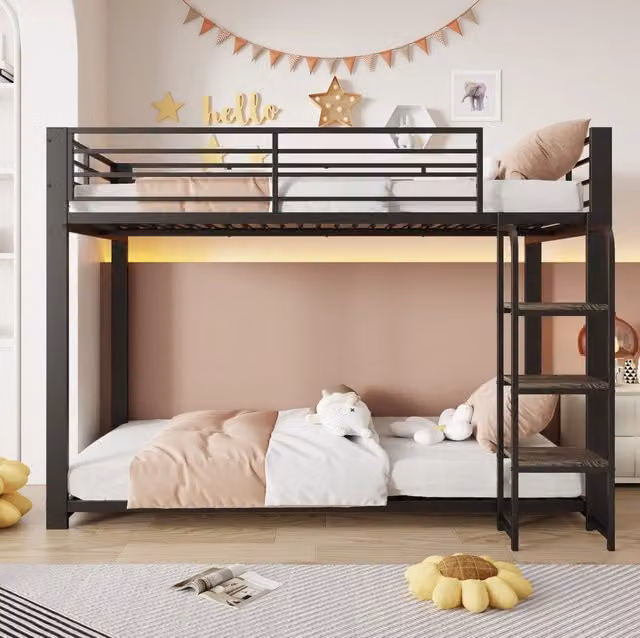 Letto a castello in metallo con gradini in MDF; 204×115×145 cm; nero