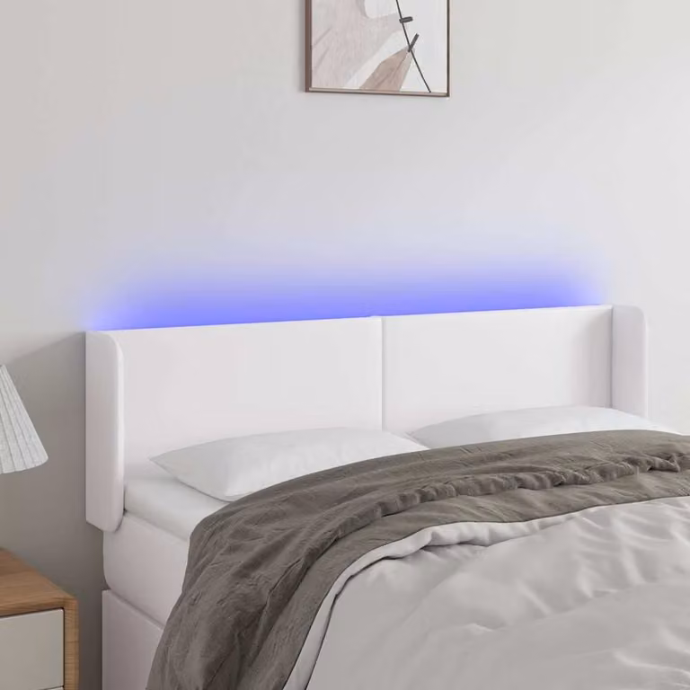 Testiera per letto vidaXL in similpelle bianca con illuminazione LED integrata e porta di ricarica USB, L: 147 cm, P: 16 cm, H: 78/88 cm