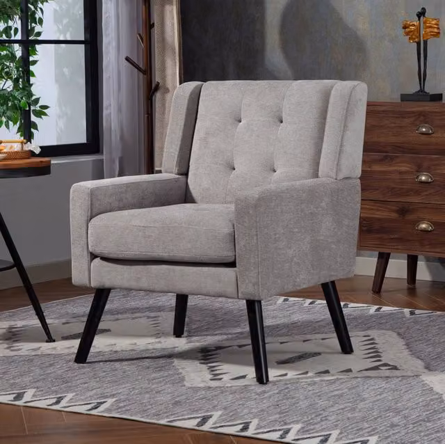 Sedia imbottita con rivestimento in lino nero, gambe in legno massiccio e cuscino in schiuma ad alta densità - design Mid-Century per spazi piccoli