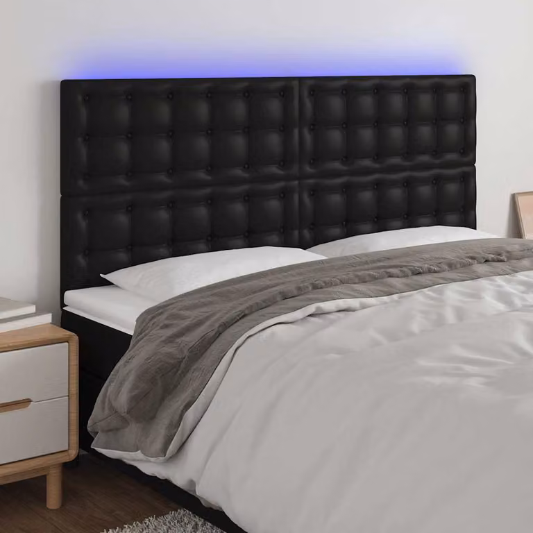 Testiera per letto vidaXL in similpelle nera con illuminazione LED e porta di ricarica USB, L: 200 cm, P: 5 cm, H: 118/128 cm