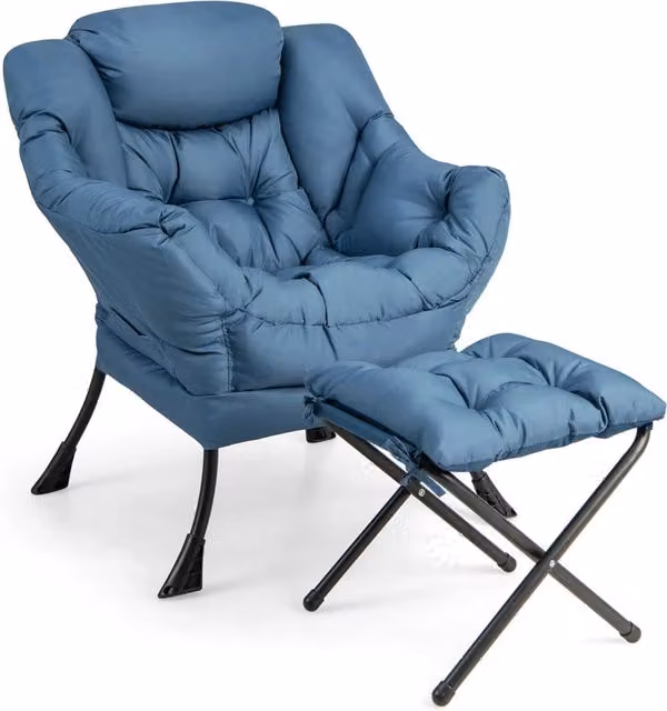 Poltrona da Salotto Moderna con Poggiapiedi Pieghevole e Tasca Laterale Blu Navy per Casa e Soggiorno