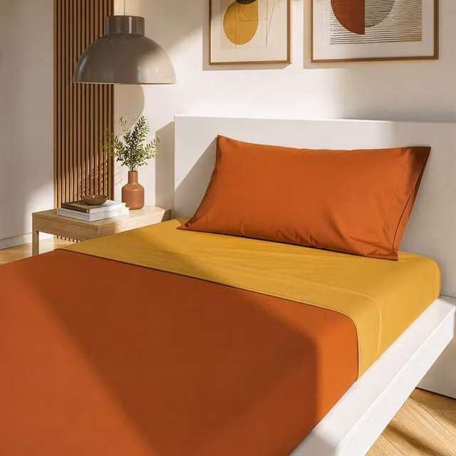 Completo letto singolo Manopesca in microfibra arancione bicolore composto da lenzuolo piano, lenzuolo con angoli e federa, ideale per primavera ed estate