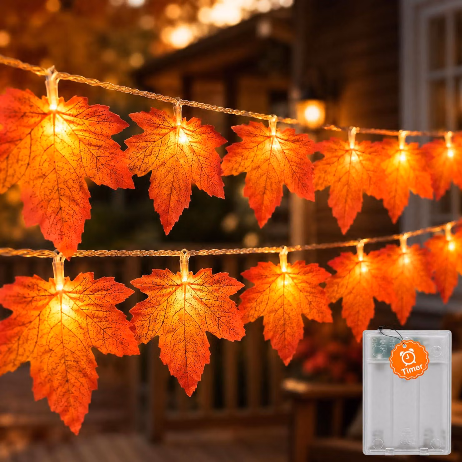 Catena luminosa a LED con 20 foglie di acero, timer e lunghezza di 3 metri