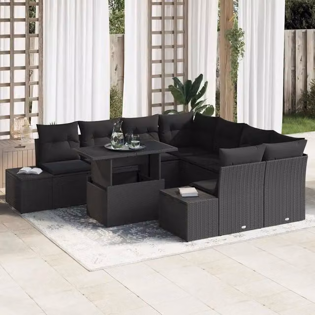 Set Divano da Giardino 9 pz Nero polyrattan 3357896
