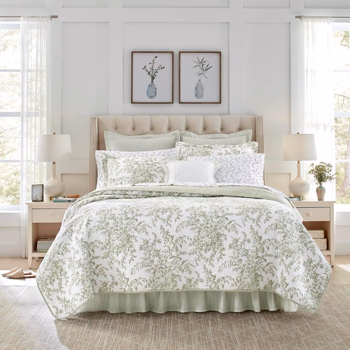 Set di lenzuola in cotone reversibile, verde/bianco, taglia singola, composto da 2 pezzi