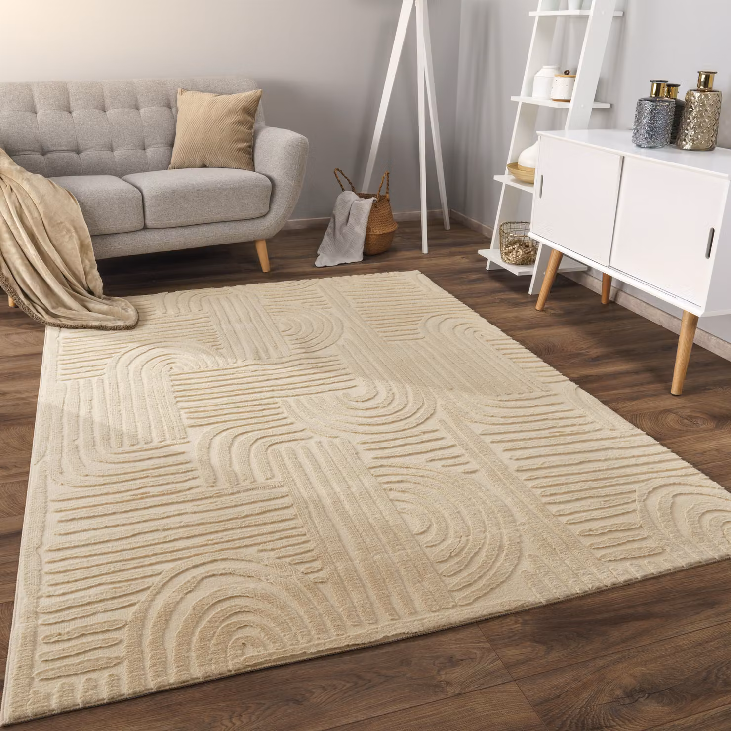 Tappeto in ecopelliccia Lelystar beige con effetto alto-basso, antiscivolo e adatto a riscaldamento a pavimento, L 80 cm x P 150 cm – 3