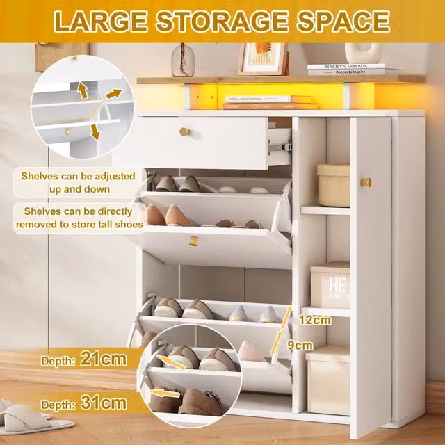 Set da ingresso 3 pezzi con specchio; cappelliera e scarpiera; LED; 4 ganci; truciolato; bianco e naturale; 105x25x151;5 cm