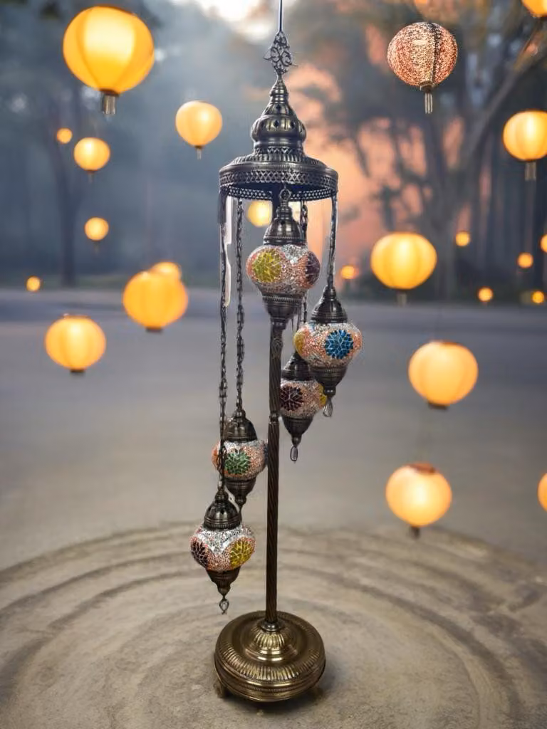 Lampada da terra turca con 5 sfere in mosaico di vetro realizzate a mano – Illuminazione esotica per interni